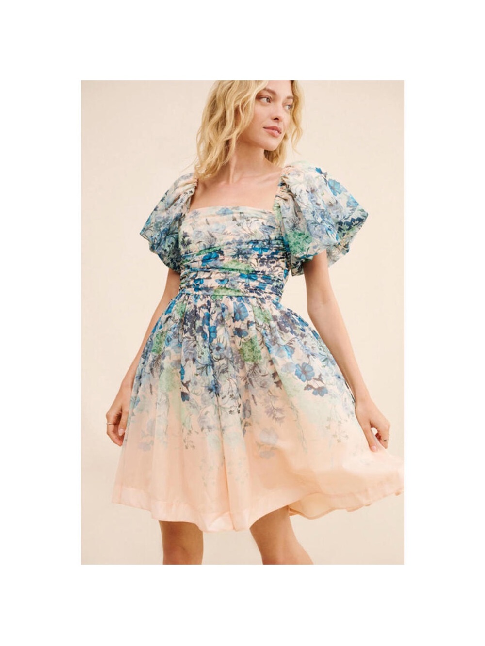 Anthropologie Blue and Peach Floral Puff-Sleeve Mini Dress